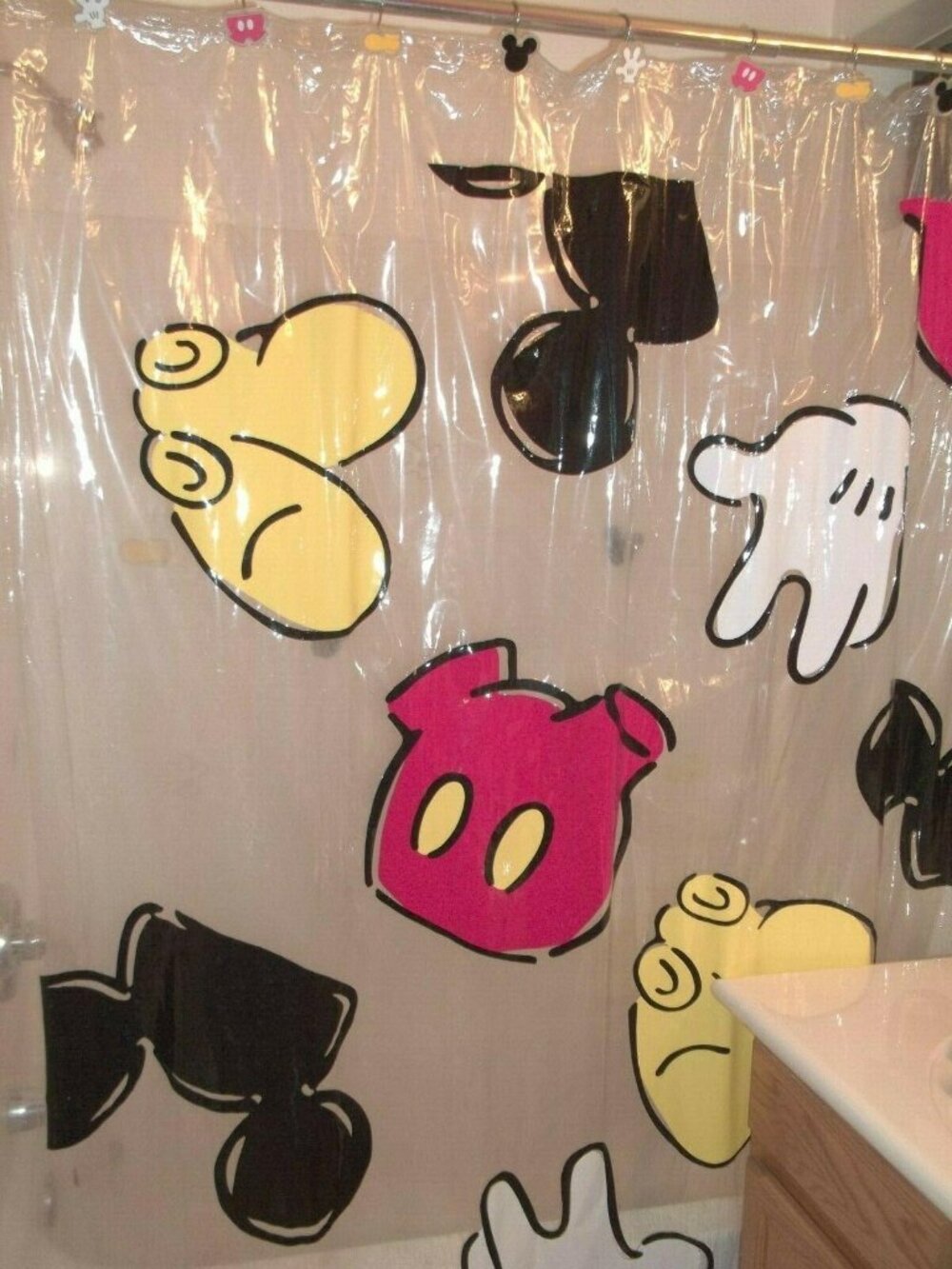 Disney Scattered Mickey Mouse Parts 70" Shower Curtain Liner Hooks Gloves Shorts